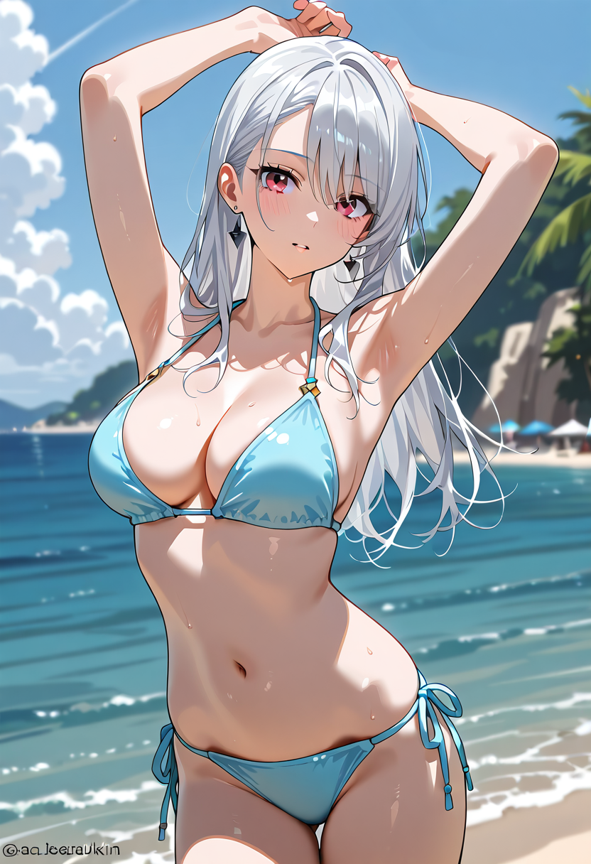 青い海辺で髪をかき上げる銀髪の美少女 #美少女 #水着 #屋外