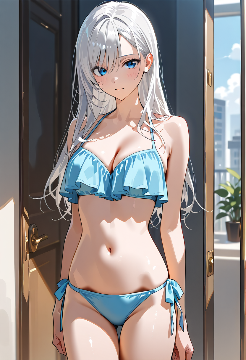 白髪の清楚な美少女、青いランジェリースタイル #下着 #美少女 #アニメ調