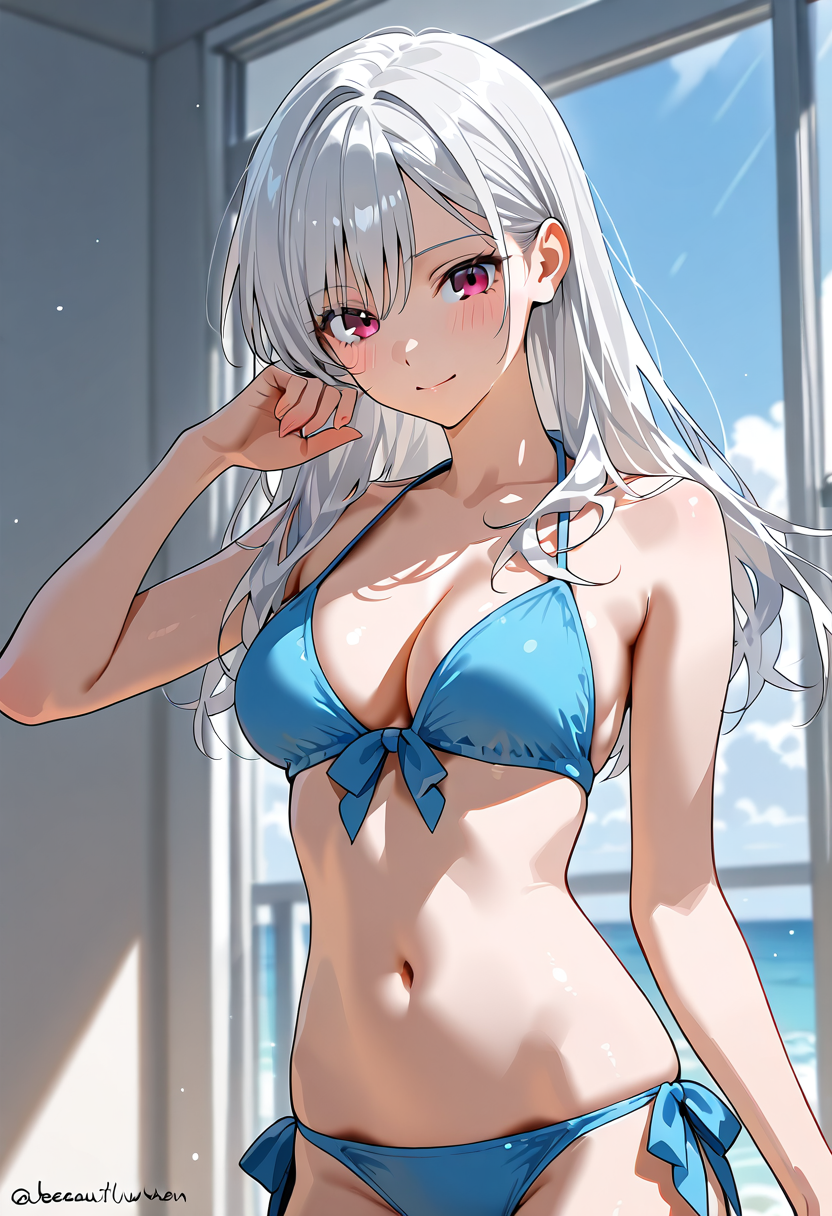 海辺の窓際、白髪の少女 #美少女 #アニメ調 #かわいい