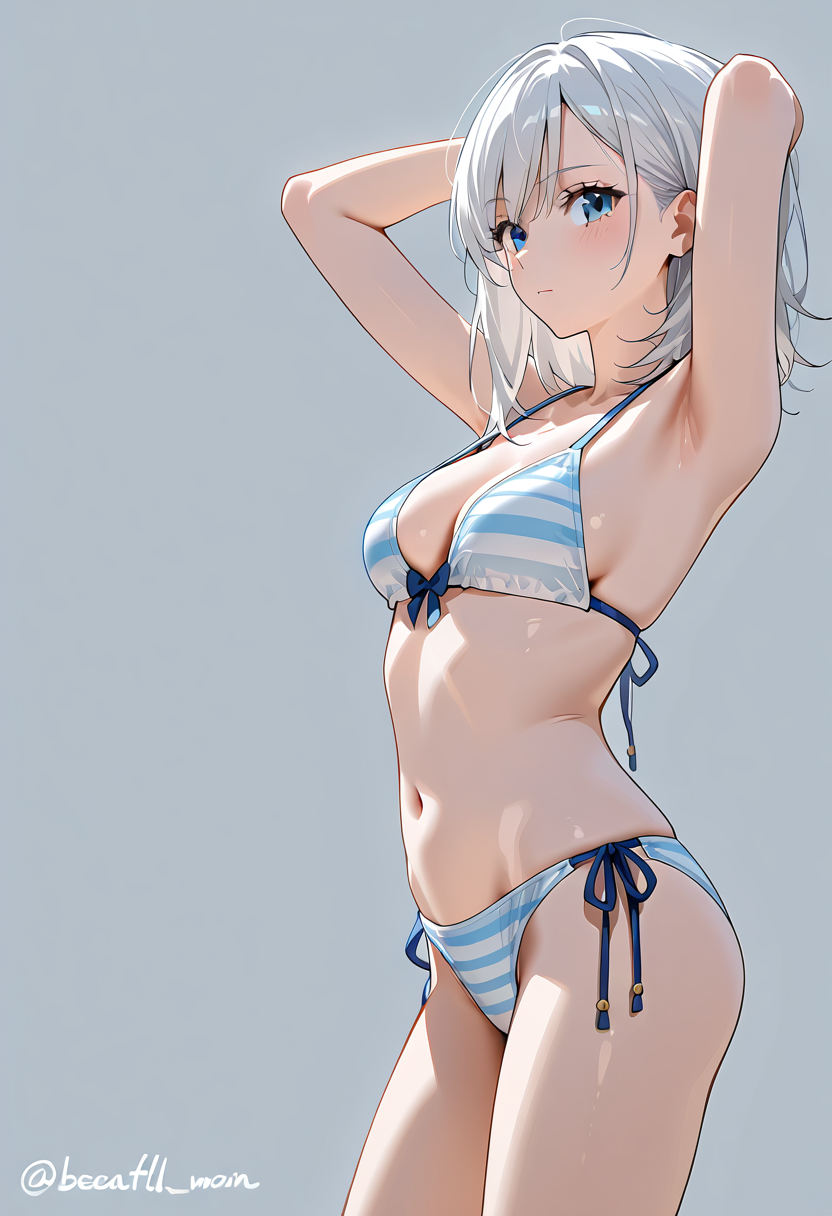 白髪の美少女、爽やかなボーダー柄ビキニ姿 #美少女 #アニメ調 #かわいい