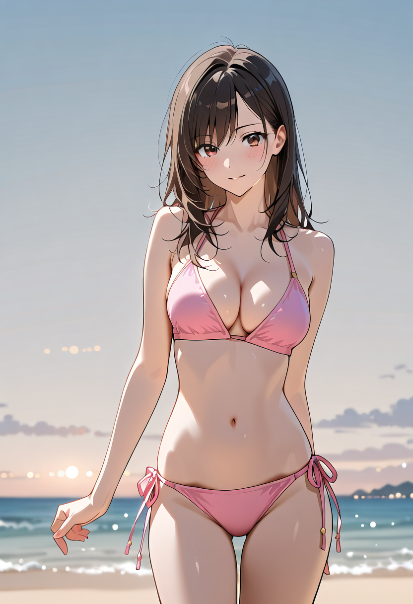 海辺のポートレート、ピンク水着姿 #水着 #ビキニ #屋外