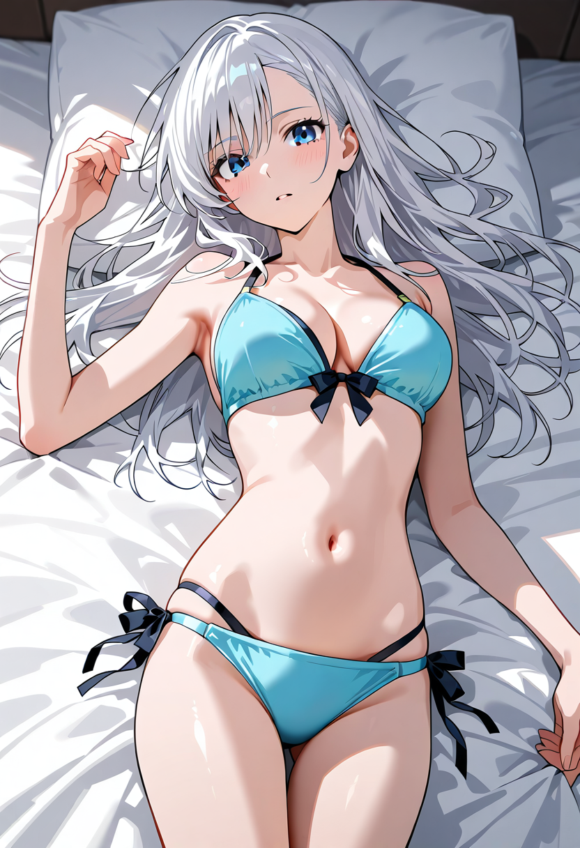 シルバーヘアの美少女、ベッドでのポートレート #美少女 #アニメ調 #かわいい