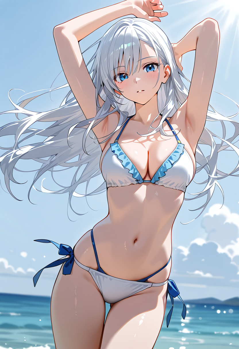 青空の下、白髪の少女がポーズを決める #アニメ調 #美少女 #下着