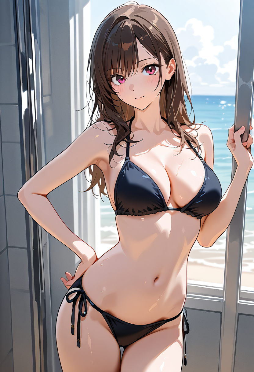 海辺の窓際、ピンク瞳の女性ポートレート #美少女 #アニメ #下着