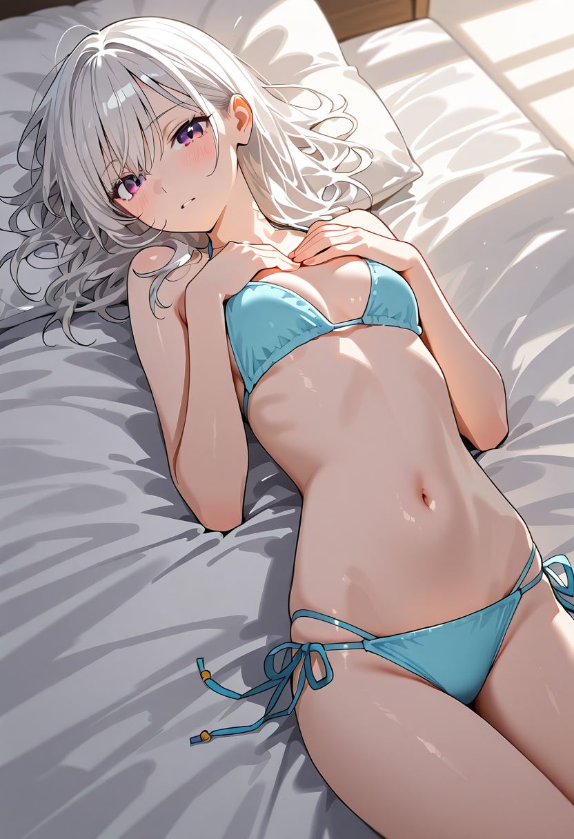 白髪の少女、ベッドでくつろぐアニメ調ポートレート #美少女 #アニメ調 #かわいい