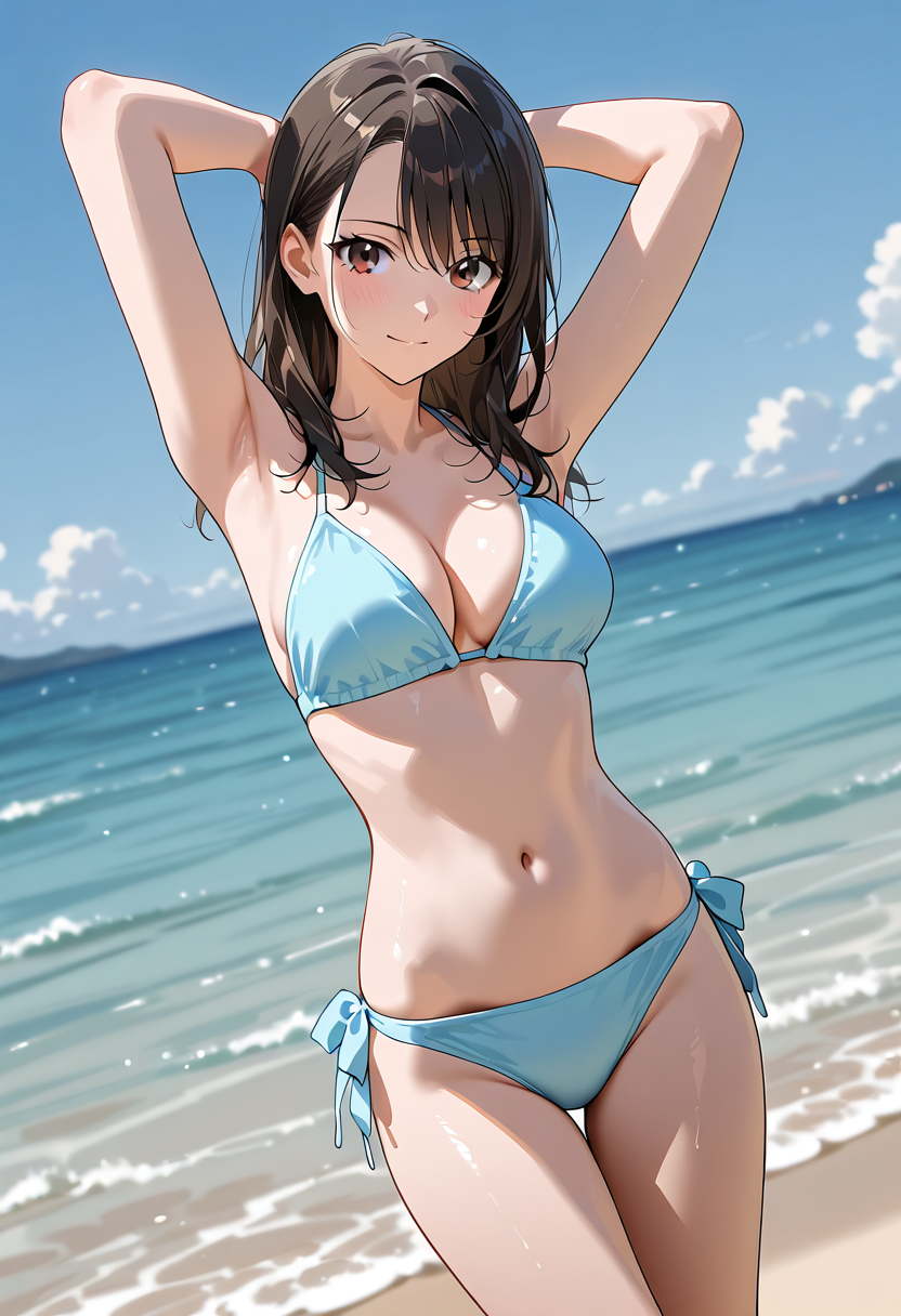 海辺の夏ポートレート、青空と波打ち際 #美少女 #水着 #屋外