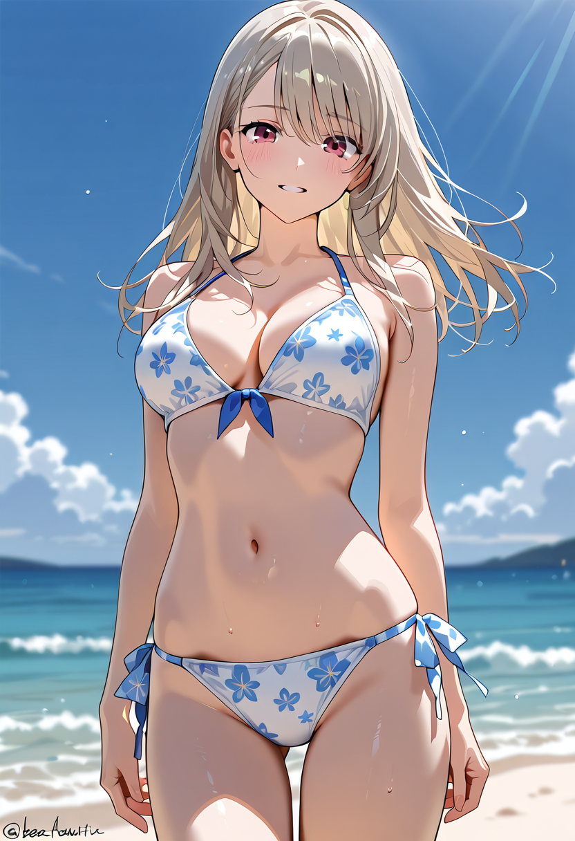 青い花柄ビキニの少女、夏の海辺ポートレート #水着 #ビキニ #屋外