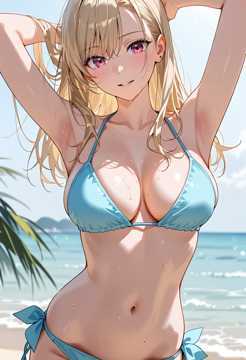 金髪ポニテール、ビーチで笑顔のアニメ調美少女 #美少女 #アニメ調 #かわいい