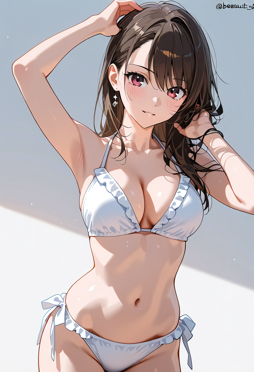 白いフリル水着姿の黒髪美少女ポートレート #美少女 #アニメ #肌見せ