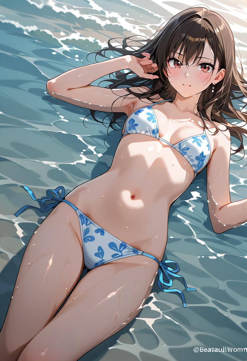 水辺でのポートレート、青い幾何模様の水着姿 #水着 #美少女 #かわいい