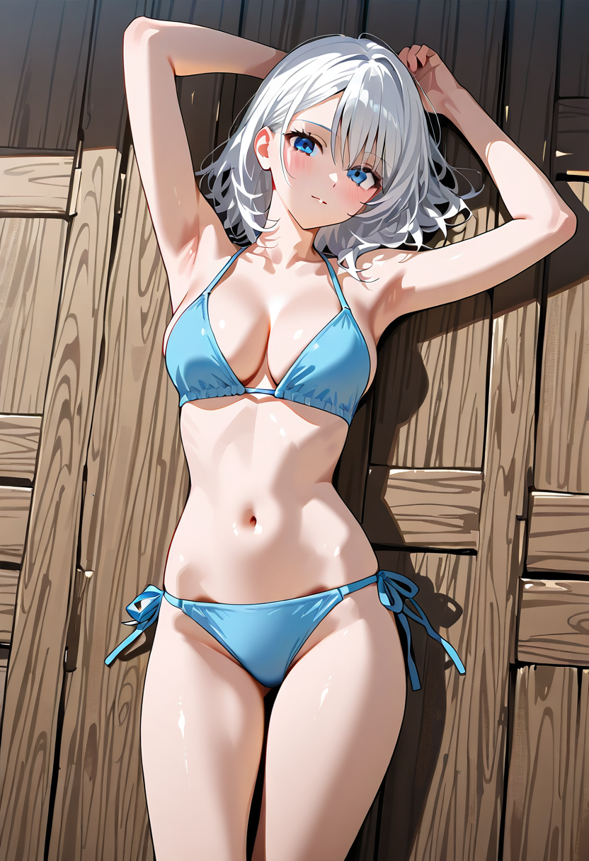 銀髪の美少女、青いビキニで夏のポーズ #美少女 #下着 #肌