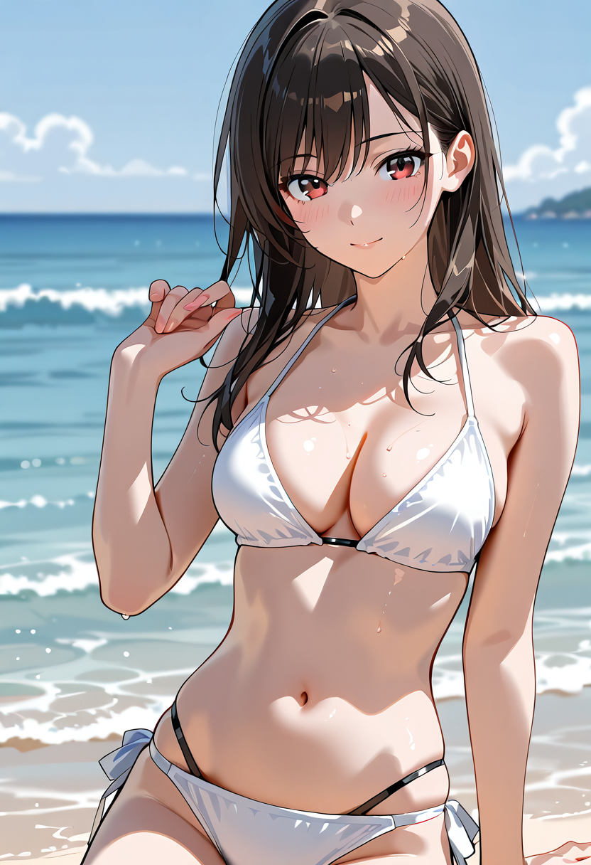 海辺のポートレート、白いビキニの美少女 #アニメ #美少女 #肌色