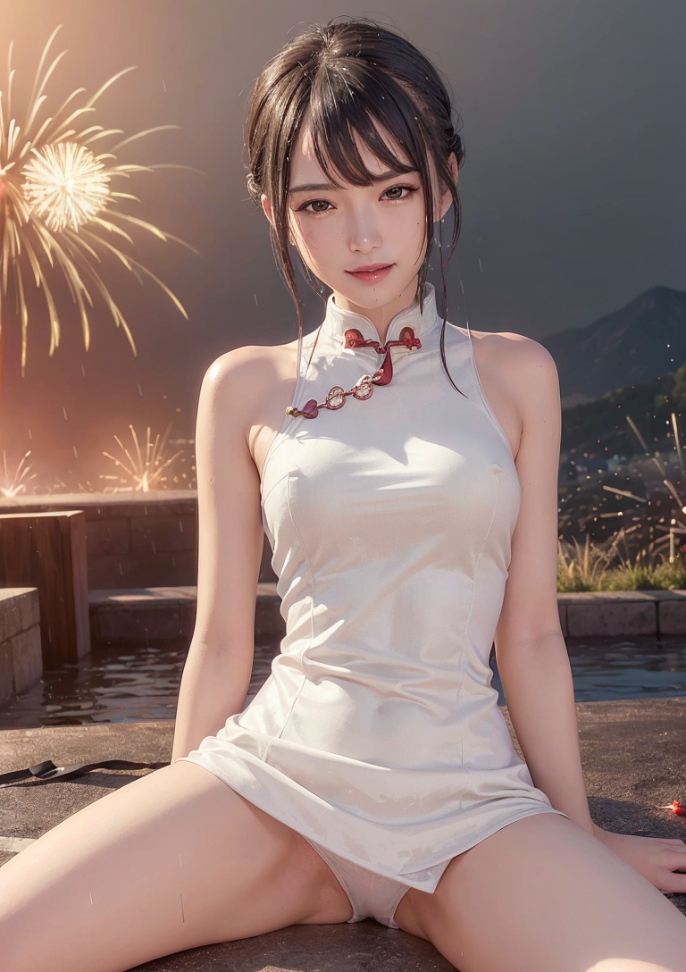 夜景と花火に映える白いチャイナドレスの微笑 #美少女 #チャイナドレス #夜景