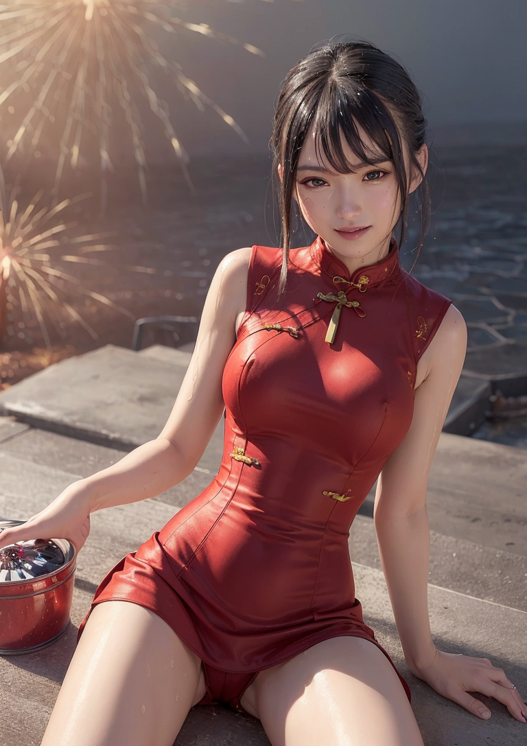 夕焼けに映える紅いチャイナドレスの美少女 #美少女 #チャイナドレス #夕焼け