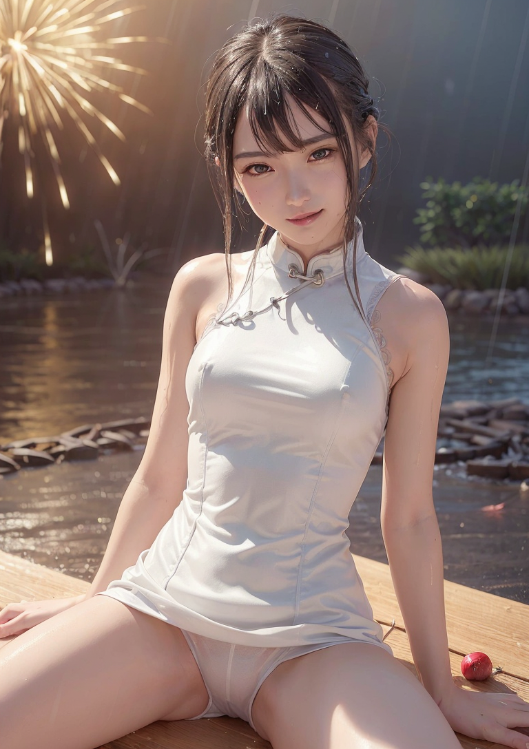 夜景花火と白いチャイナドレス #美少女 #夜景 #花火