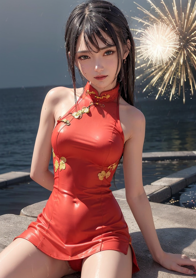 赤いチャイナドレスと花火、海辺のポートレート #美少女 #チャイナドレス #夜景
