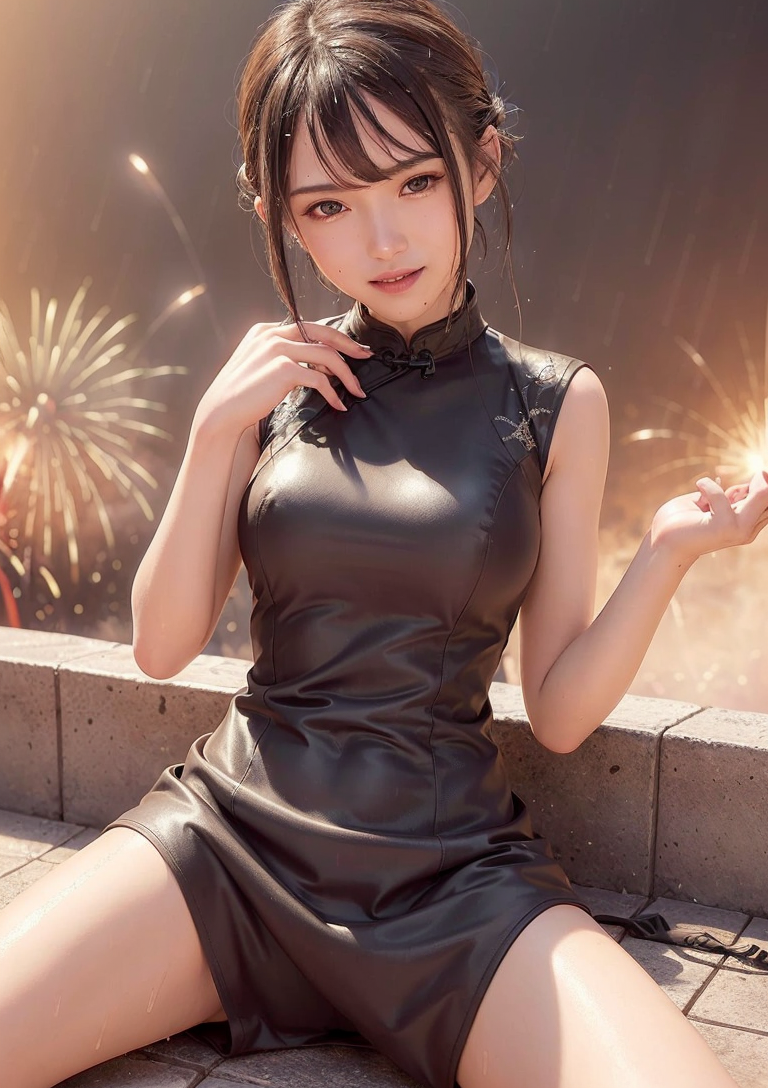 黒チャイナドレスと花火の夜 #美少女 #チャイナドレス #夜景