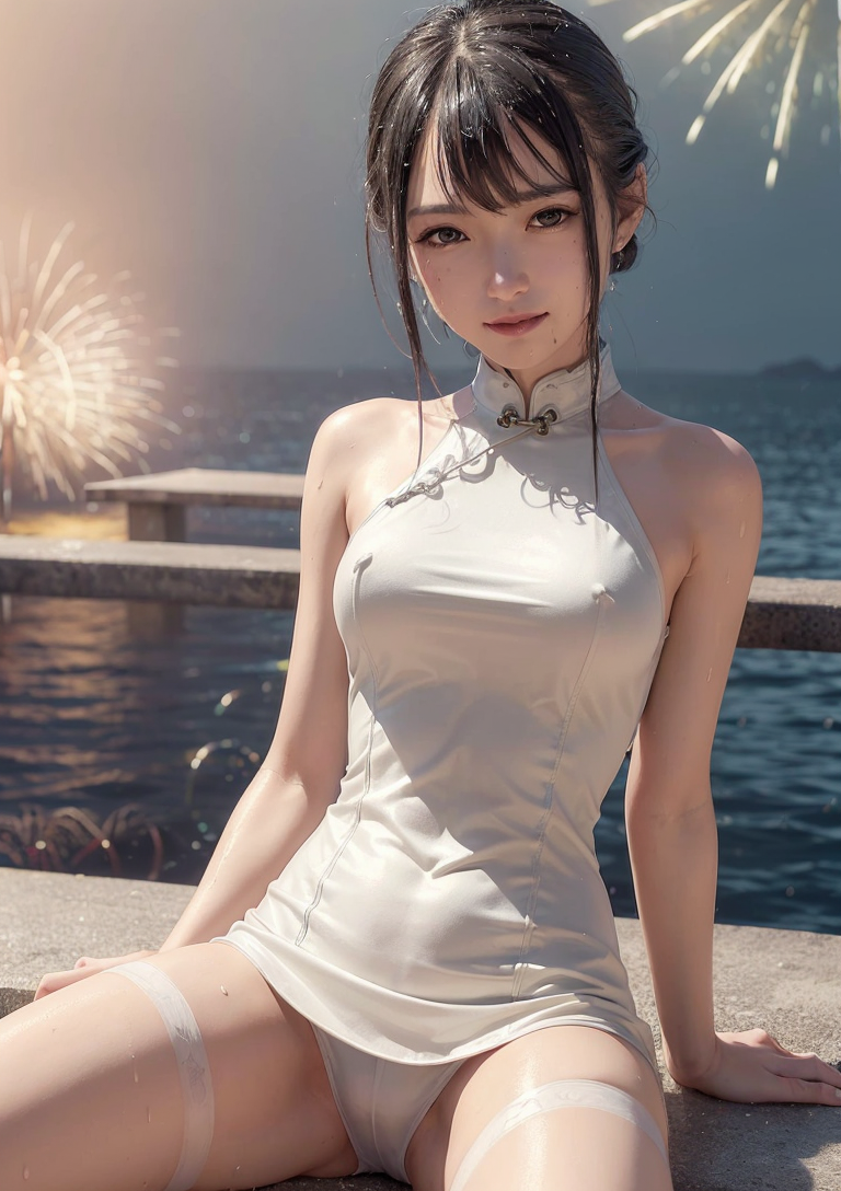 海辺の夕暮れ、白いチャイナドレスの優雅なポートレート #美少女 #チャイナドレス #夕焼け