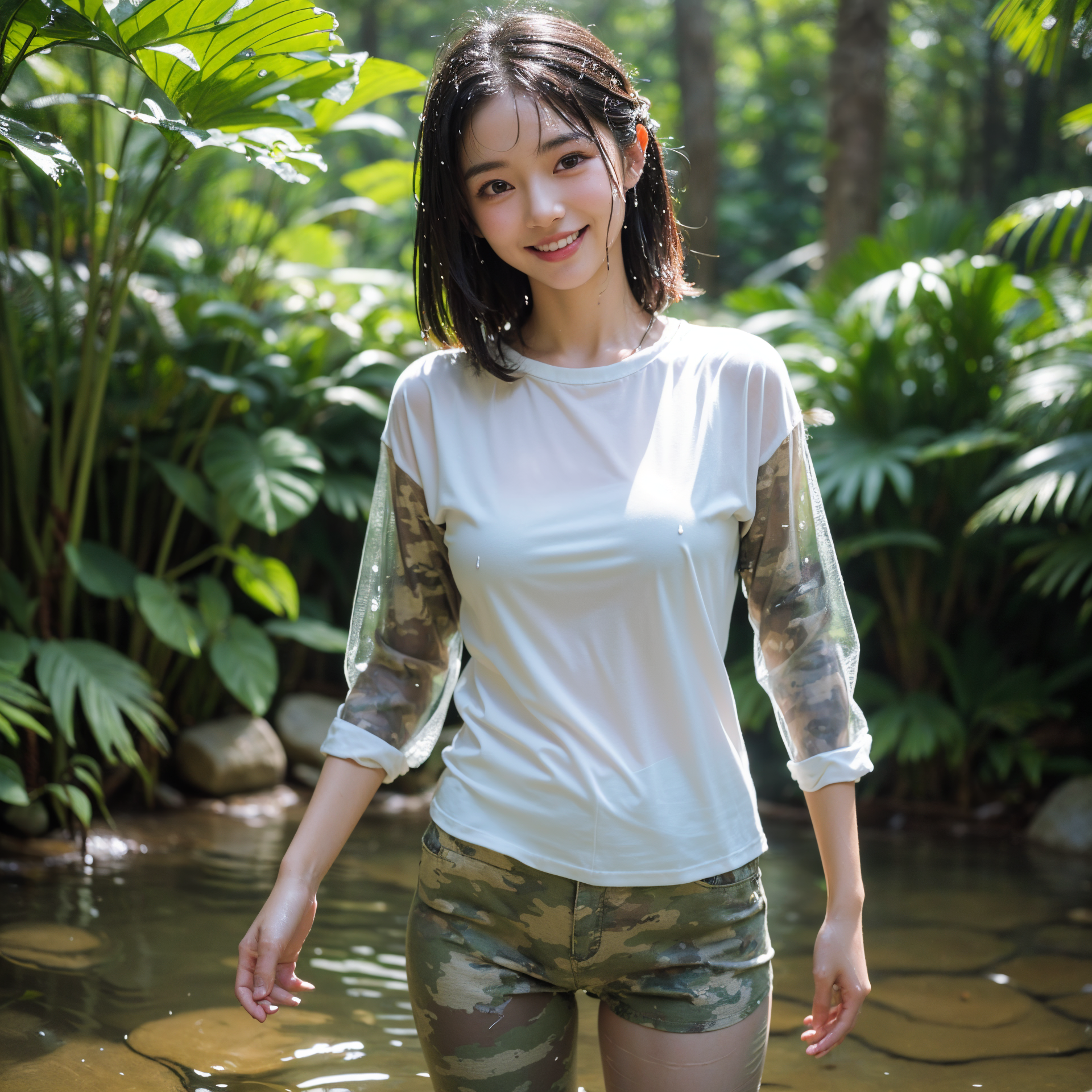 清流で微笑む白シャツの少女 #美少女 #清楚 #屋外