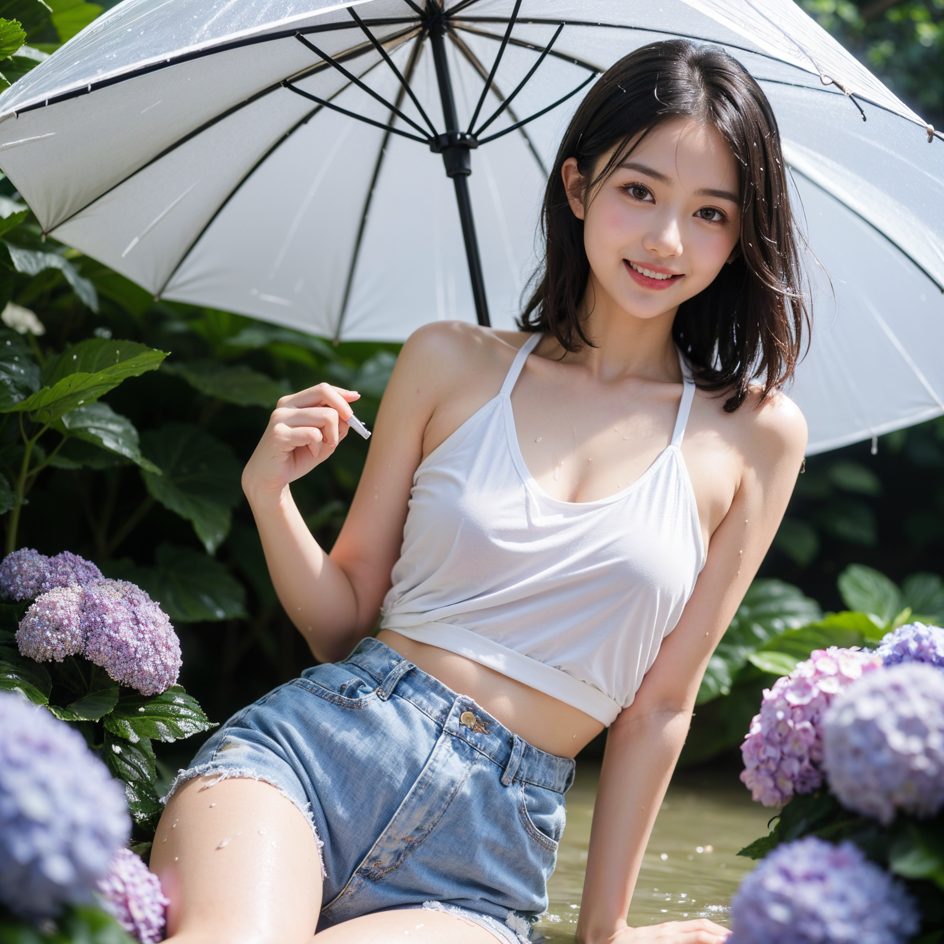 紫陽花の庭で白傘を持つ清楚な笑顔 #美少女 #清楚 #笑顔