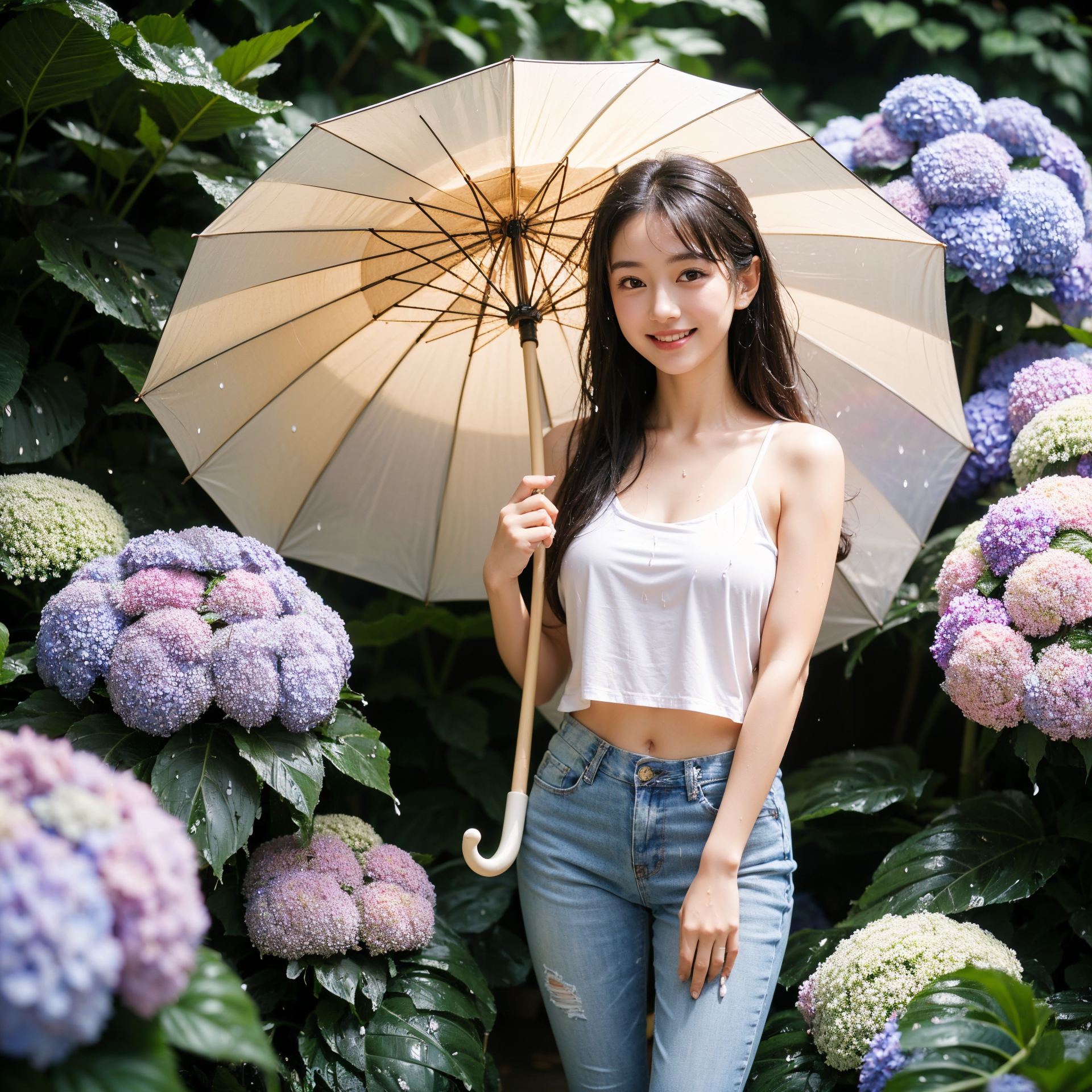 紫陽花に囲まれた傘をさす清楚な美少女 #美少女 #清楚 #屋外