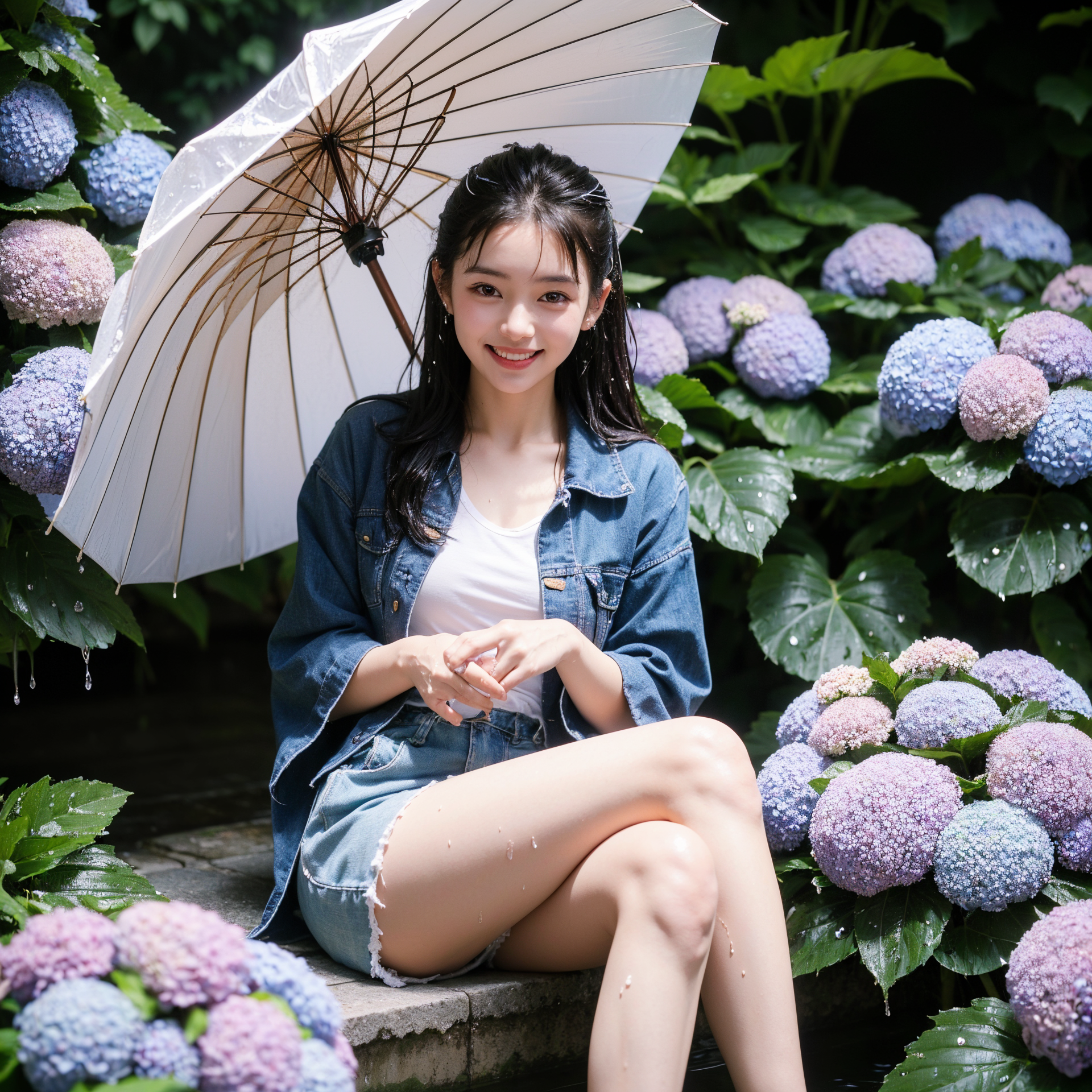 紫陽花に傘を持つ笑顔の少女 #美少女 #笑顔 #紫陽花