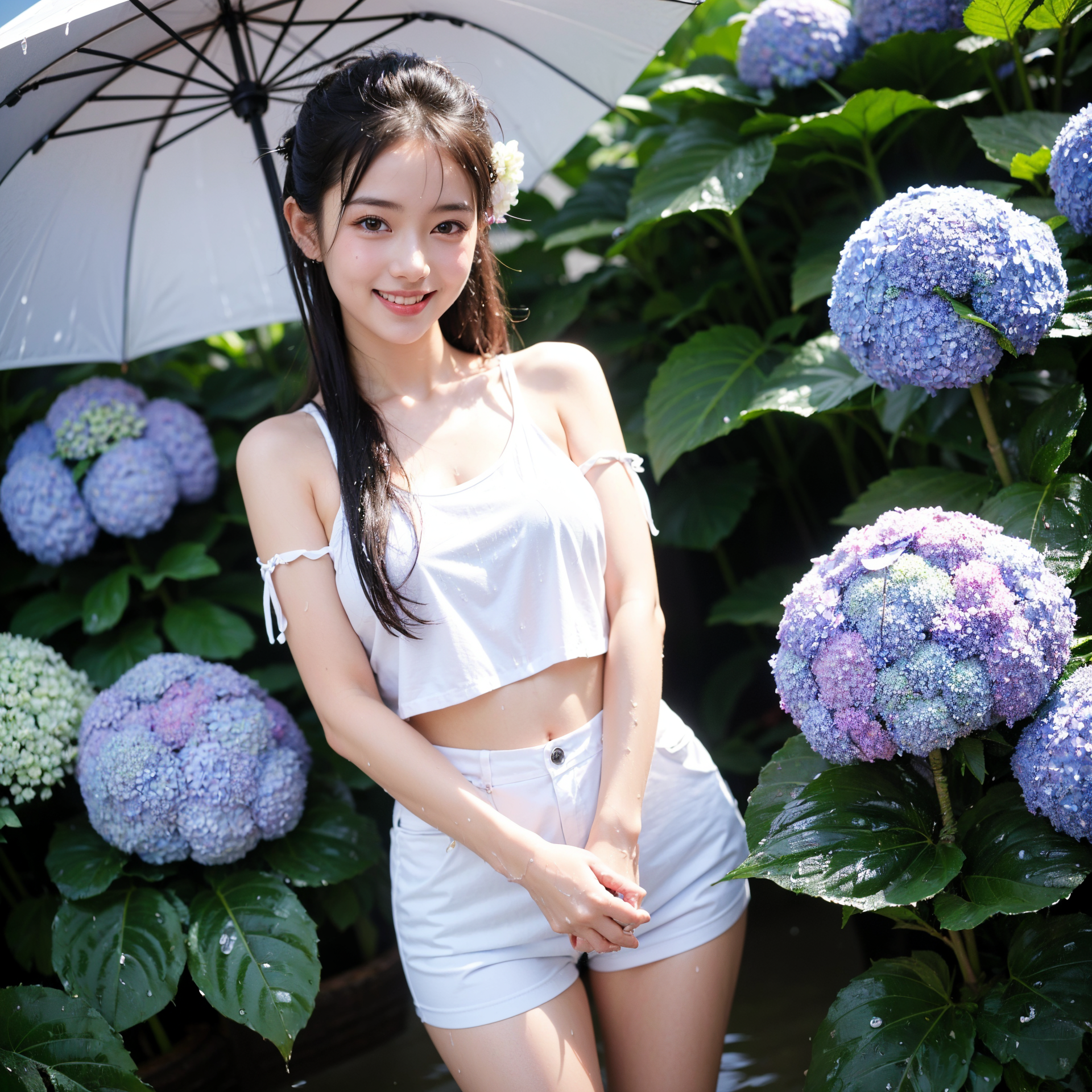 紫陽花と傘、白いトップスの清楚な笑顔 #美少女 #清楚 #笑顔