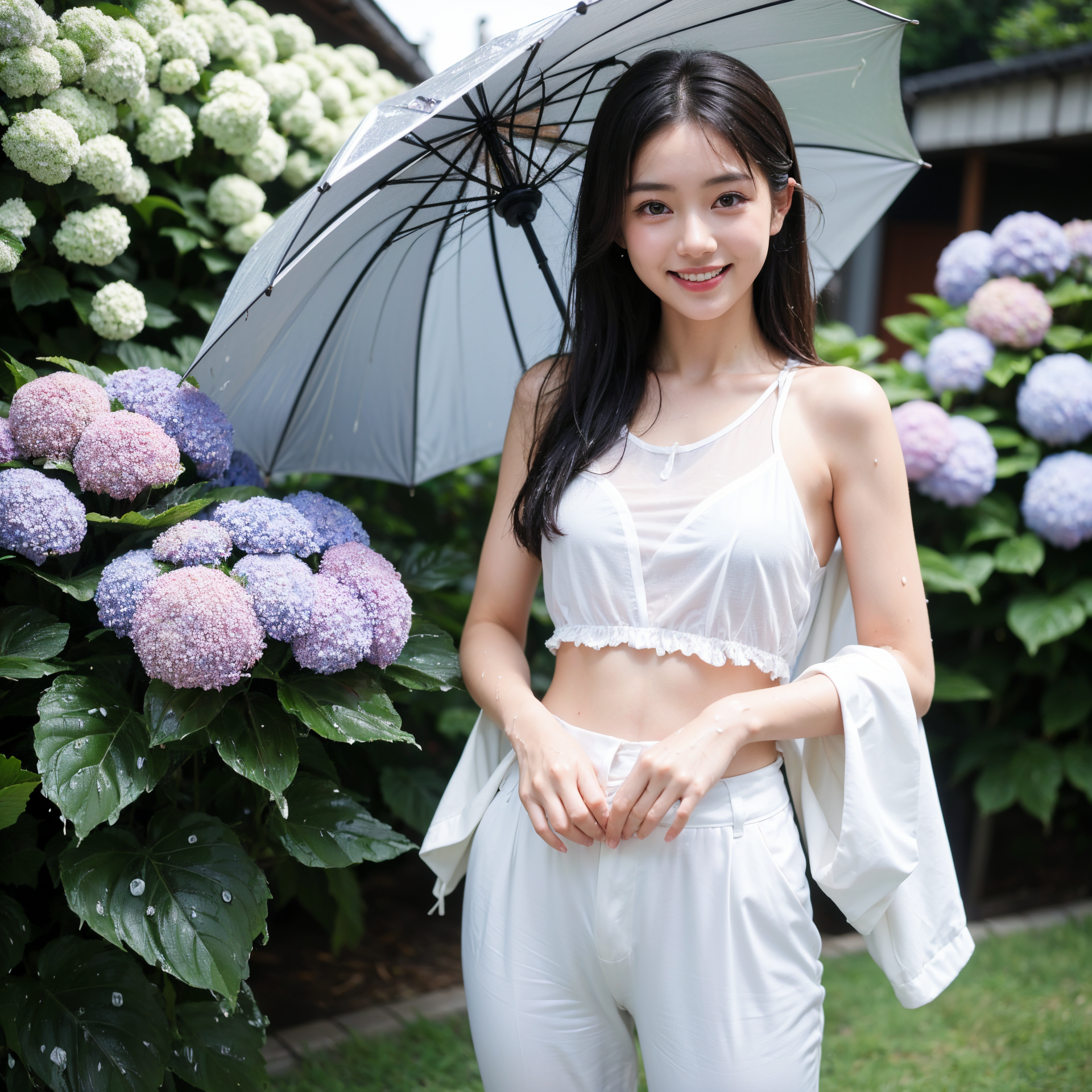 紫陽花の庭で傘を持つ清楚な少女のポートレート #美少女 #清楚 #ワンピース