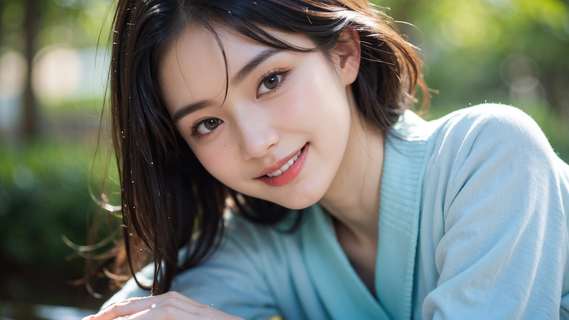 屋外の柔らかな陽光に包まれた黒髪の笑顔ポートレート #美少女 #清楚 #屋外