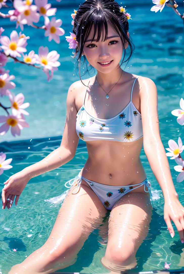 花に囲まれた涼しげなプール遊び #美少女 #水着 #夏
