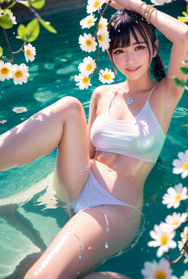 花に囲まれた水辺の笑顔ポートレート #美少女 #水着 #屋外