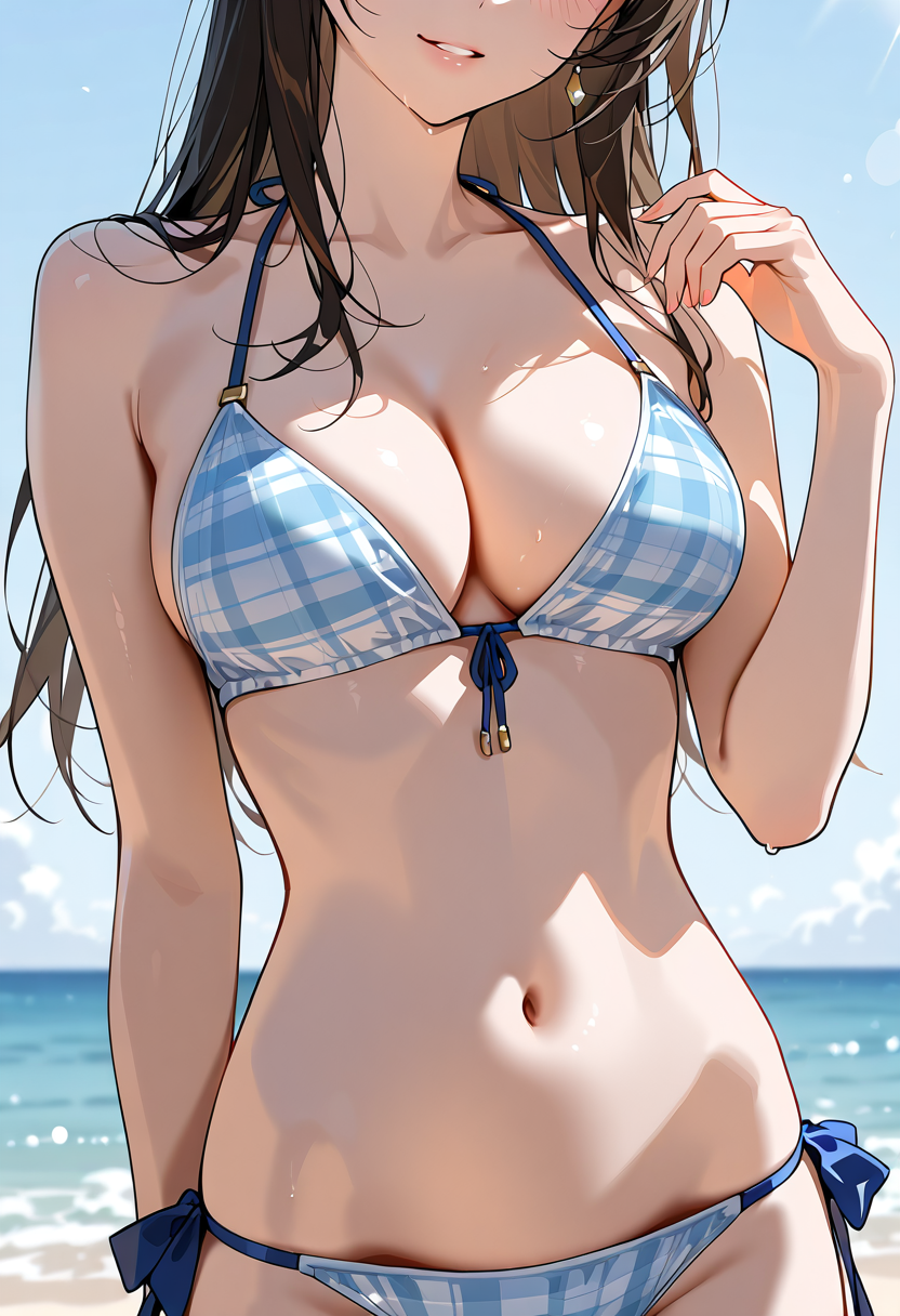 爽やかなチェック柄ビキニの浜辺ポートレート #美少女 #水着 #ビキニ