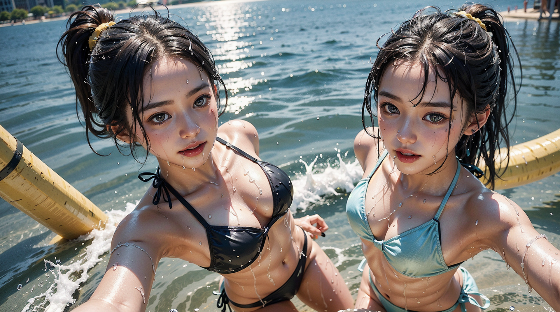 海辺で笑顔の双子ポートレート #美少女 #水着 #海