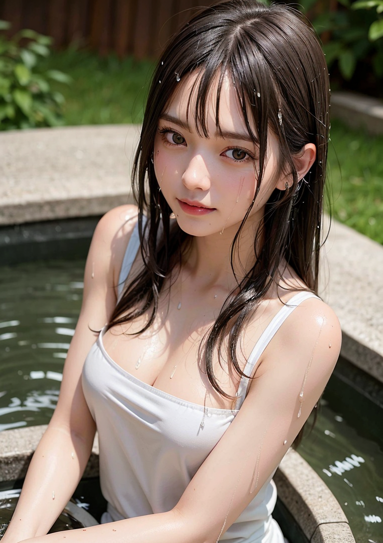 庭園の水辺で静寂を纏う黒髪の少女 #美少女 #清楚 #屋外