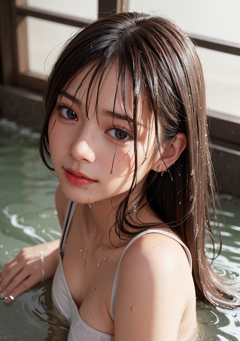 温泉に浸かる長髪の少女、儚げな表情 #美少女 #温泉 #長髪