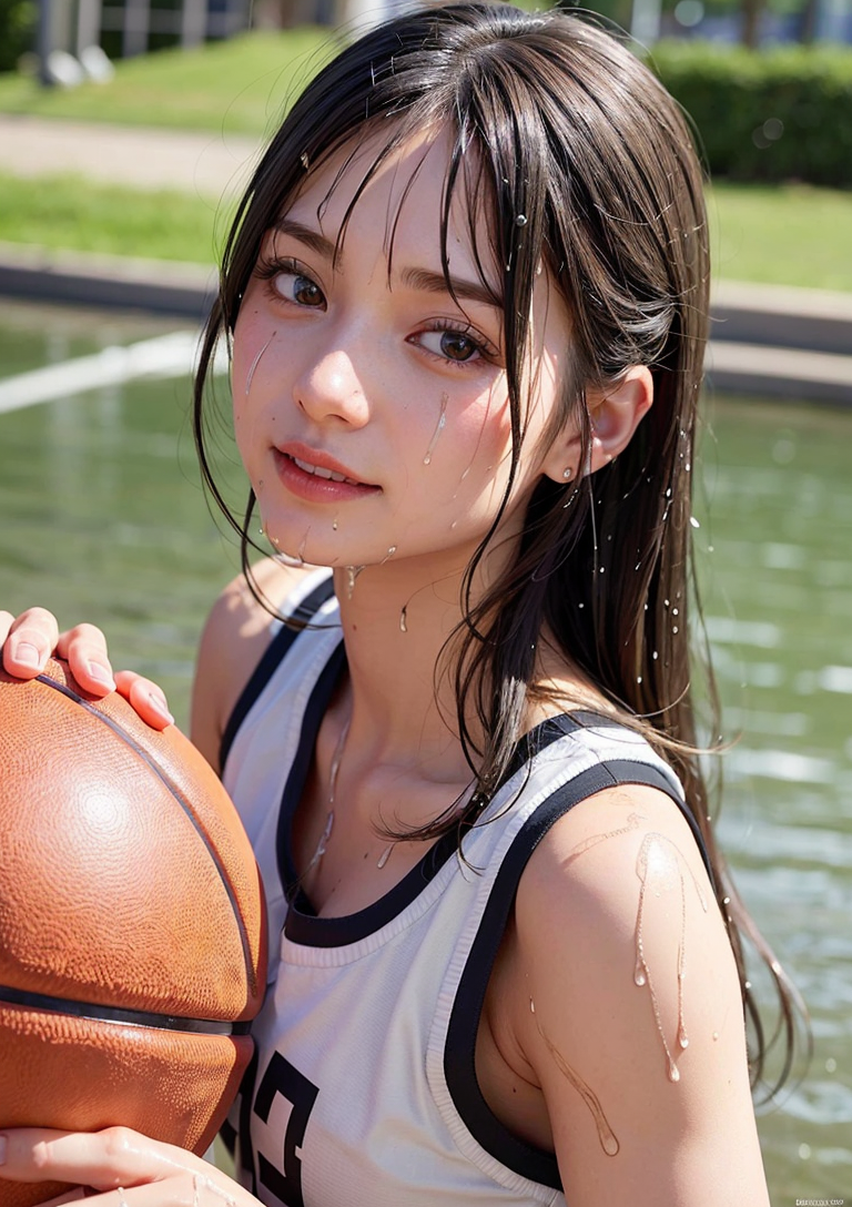 水辺でバスケットボールを持つ笑顔の美少女 #美少女 #屋外 #運動着