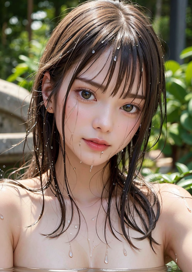 濡れ髪が清涼感を引き立てる庭園のポートレート #美少女 #黒髪 #屋外