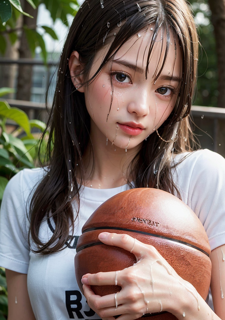 雨の中のバスケットボール、思い詰めた表情の黒髪美少女 #美少女 #屋外 #雨