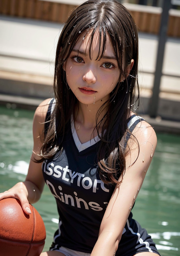プールサイドで見つめる黒髪美少女のポートレート #美少女 #スポーツ #プール