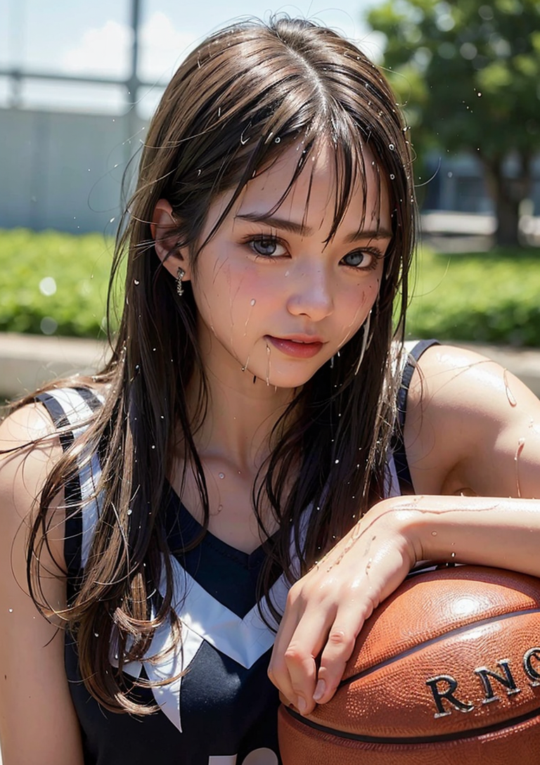 晴天の中でバスケを持つ黒髪少女のポートレート #美少女 #青春 #屋外