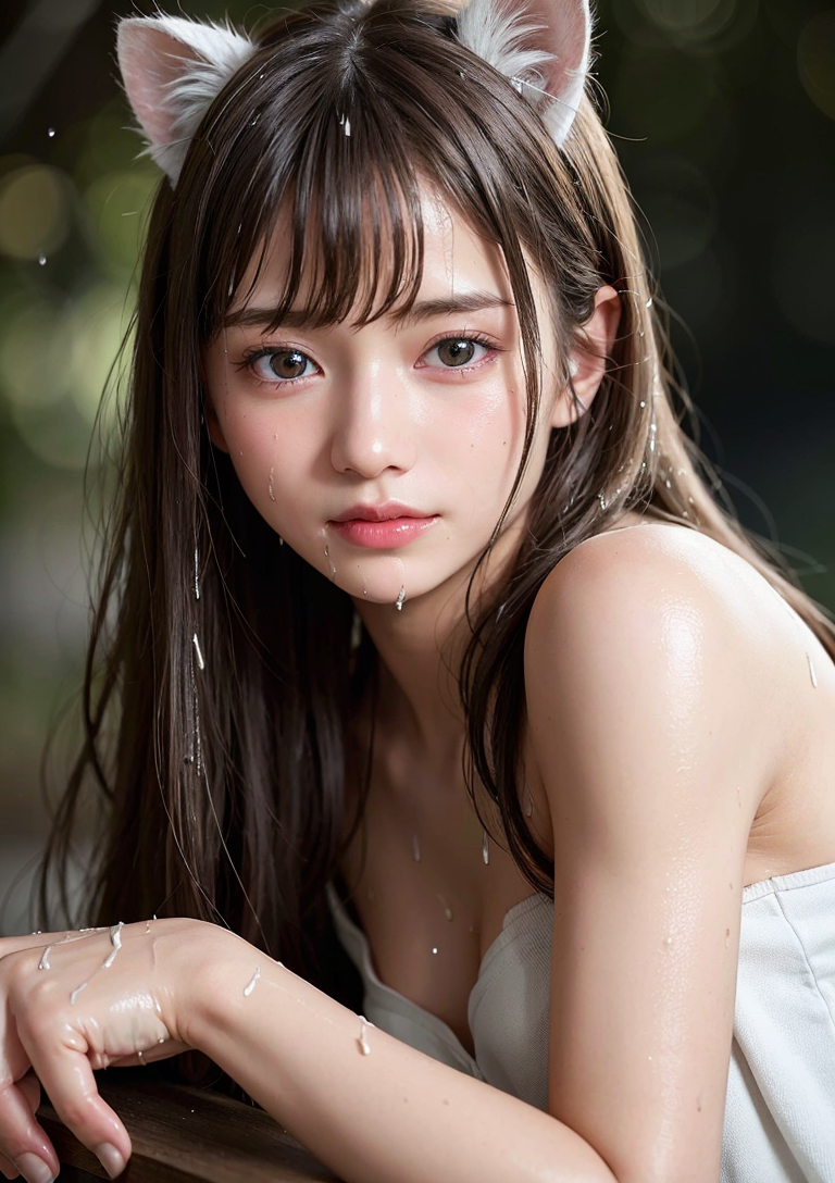 猫耳の美少女ポートレート、雨の静寂に揺らぐ表情 #美少女 #長髪 #猫耳