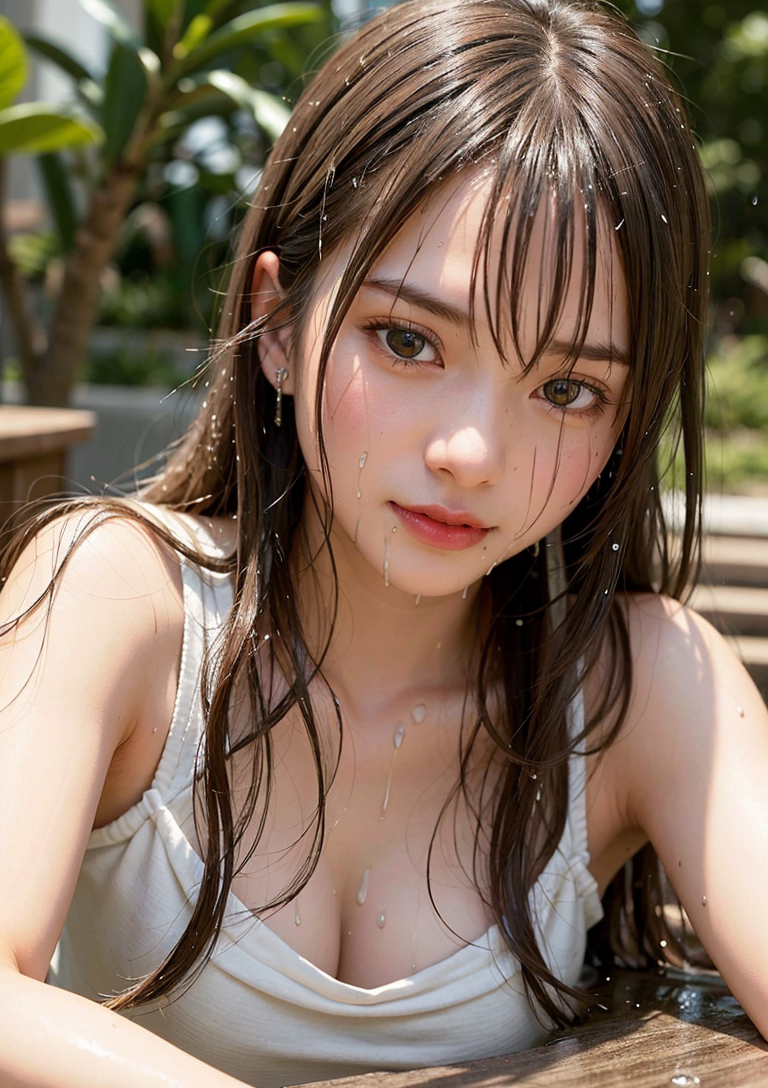 濡れた髪の儚げな表情、緑に囲まれた夏日のポートレート #美少女 #屋外 #長髪
