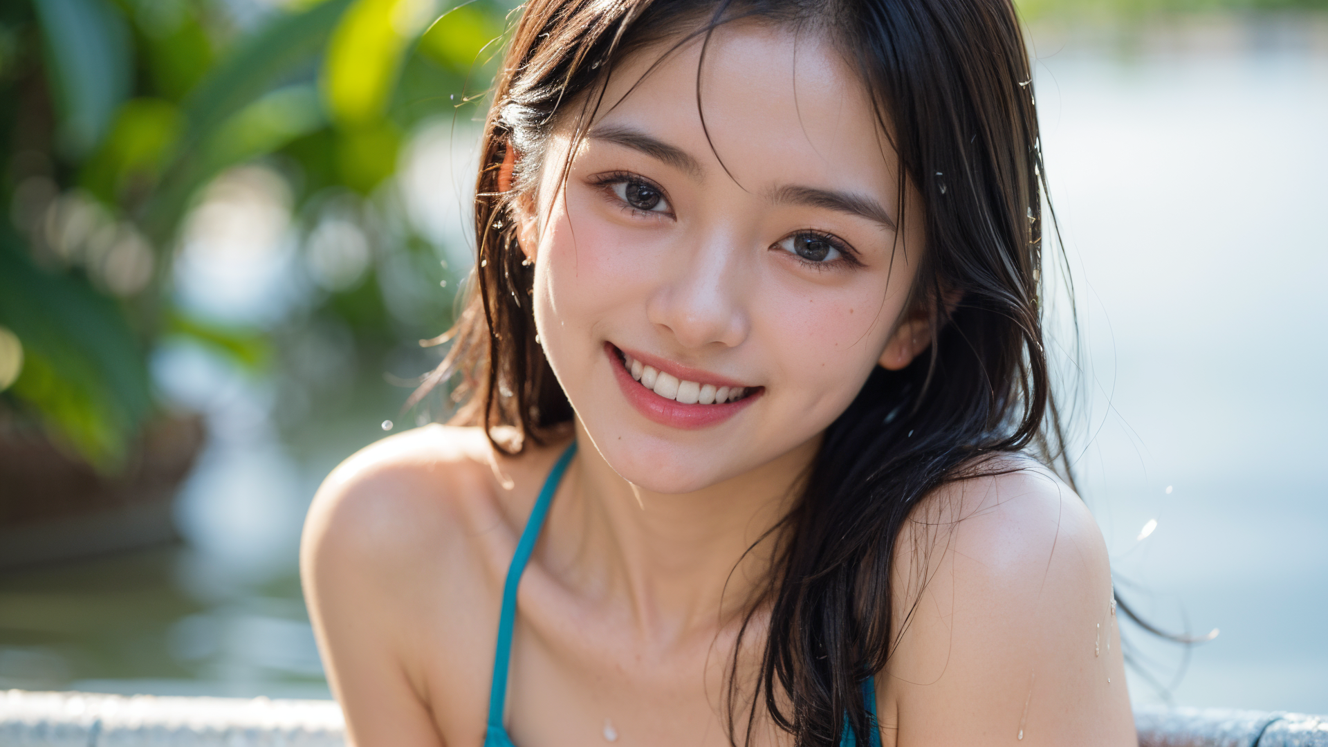 水辺で振り返る透明感あふれる笑顔 #美少女 #水着 #笑顔