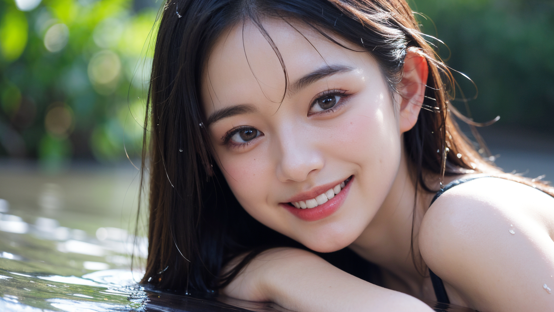 水辺で微笑む黒髪の少女 #美少女 #笑顔 #水辺