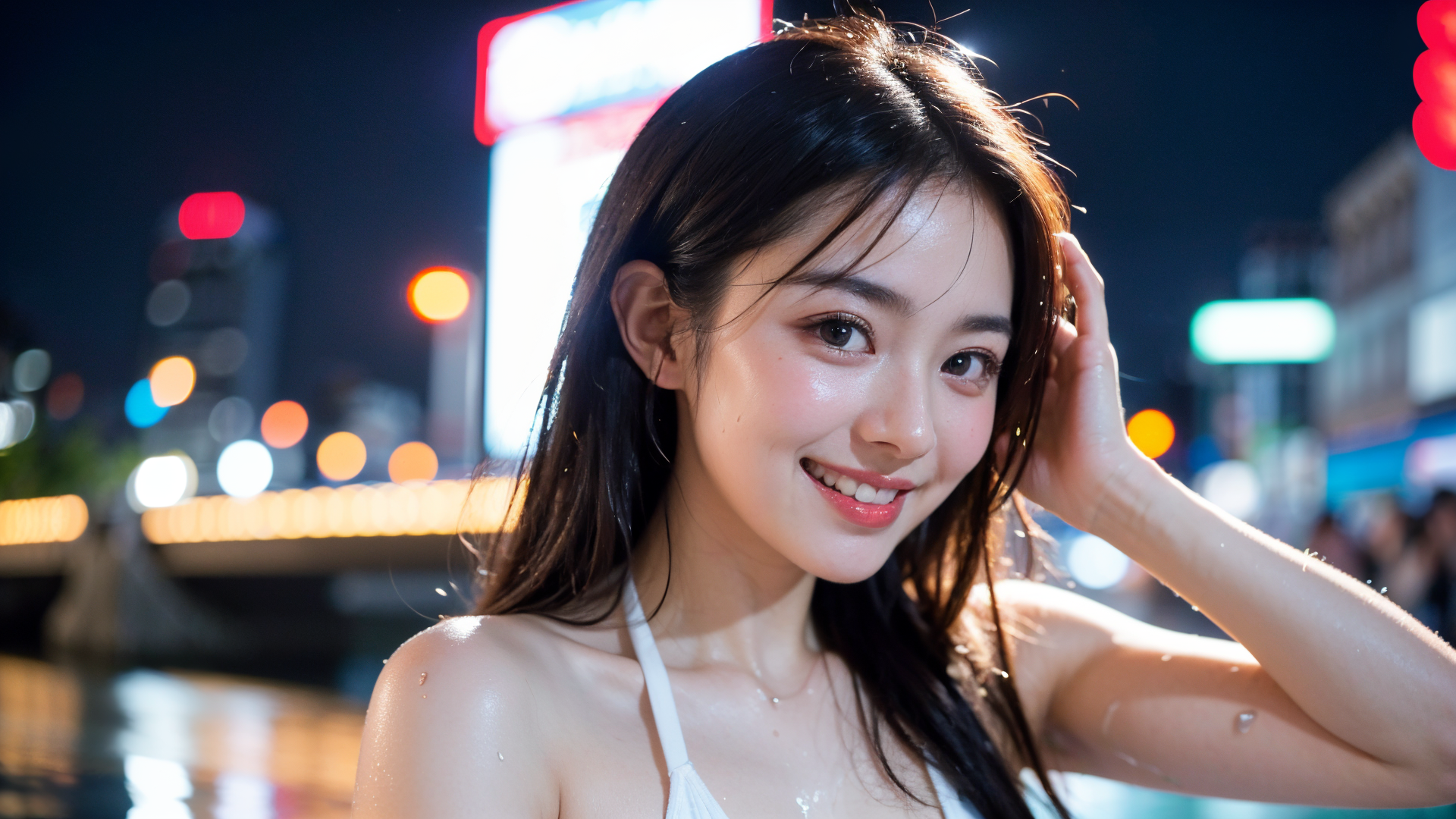 夜景ネオン背景の笑顔ポートレート #美少女 #夜景 #ネオン