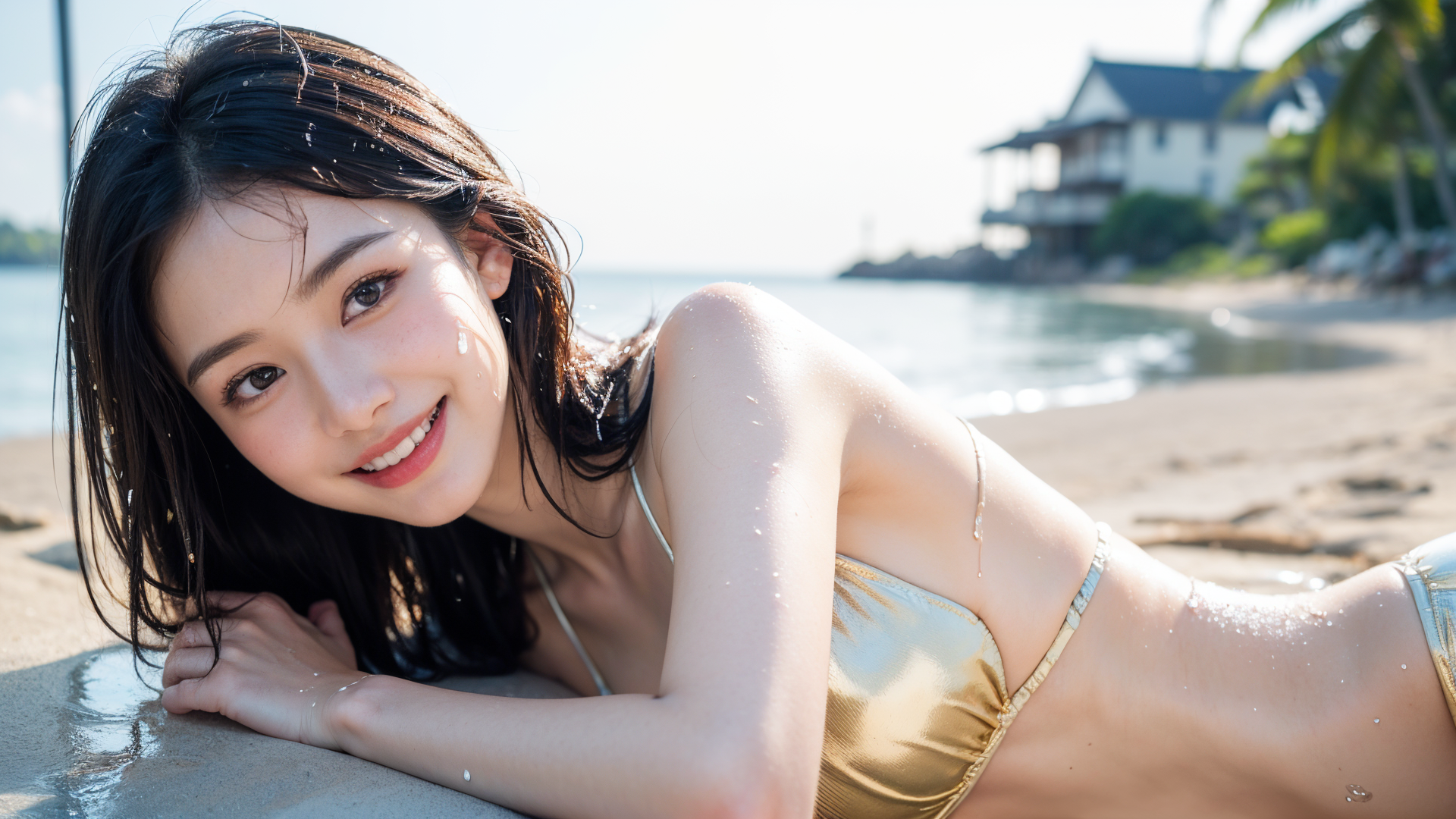 ビーチでの清楚な微笑み、黒髪美少女のポートレート #美少女 #水着 #ビーチ