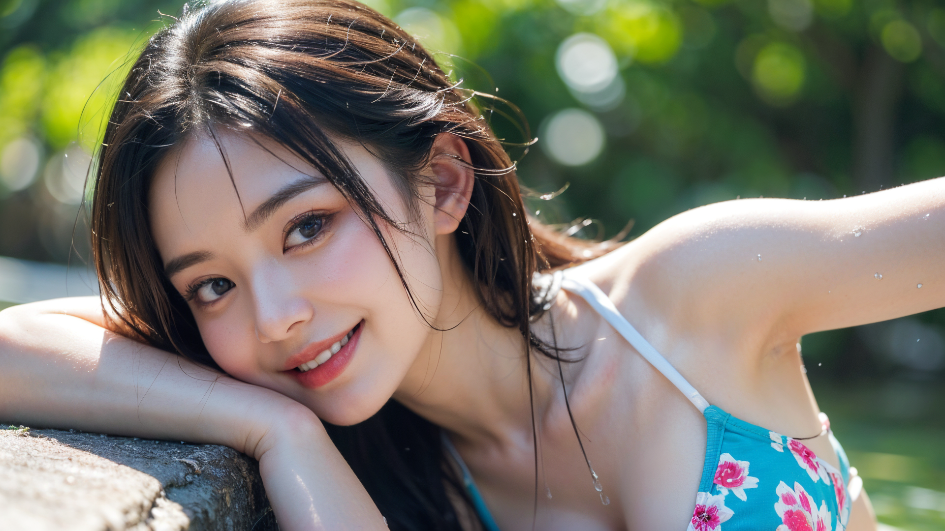 花柄スイムウェアの黒髪美少女、夏の屋外ポートレート #美少女 #屋外 #笑顔