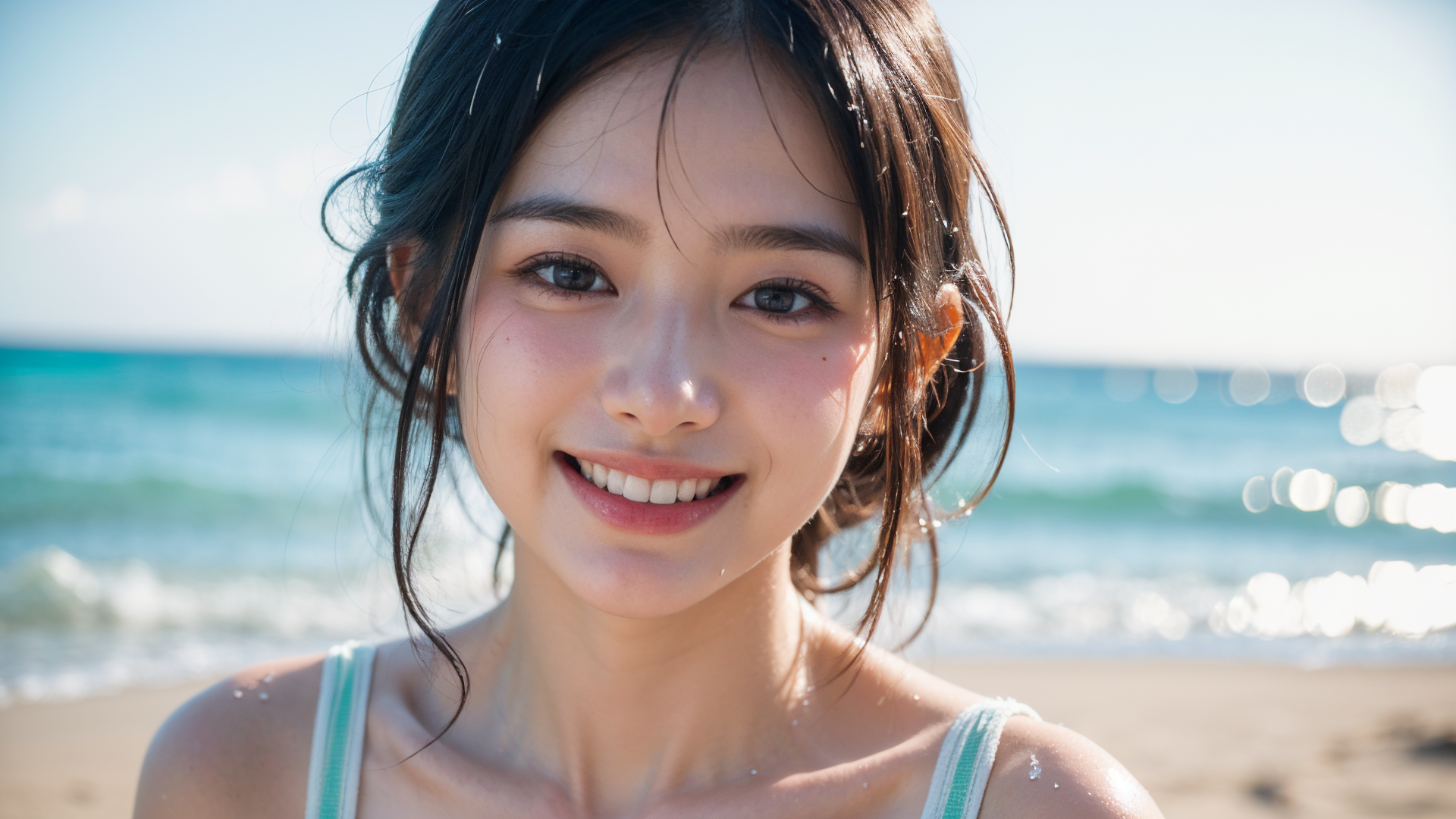 海辺の爽やかな笑顔、夏の日差しに輝く #美少女 #笑顔 #水着