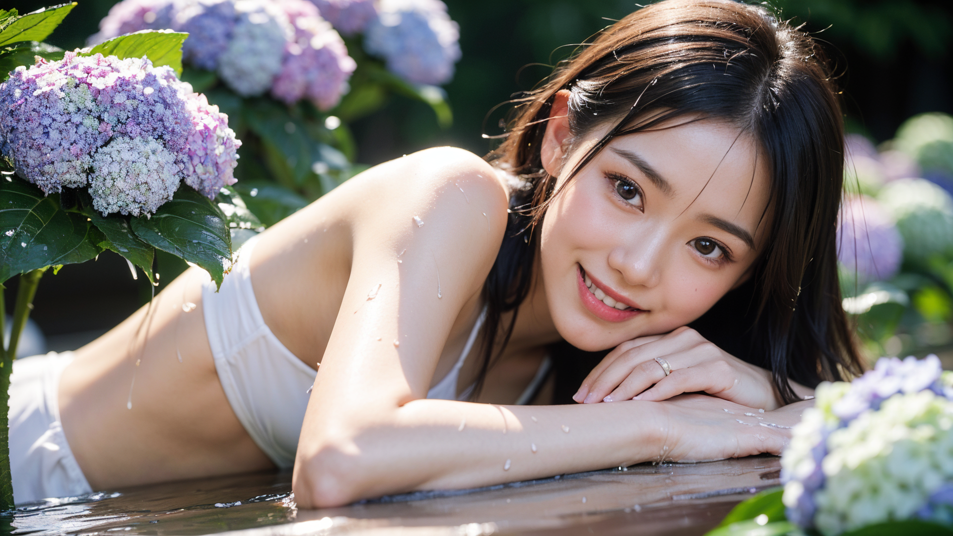 紫陽花に囲まれた清楚な笑顔 #美少女 #清楚 #屋外