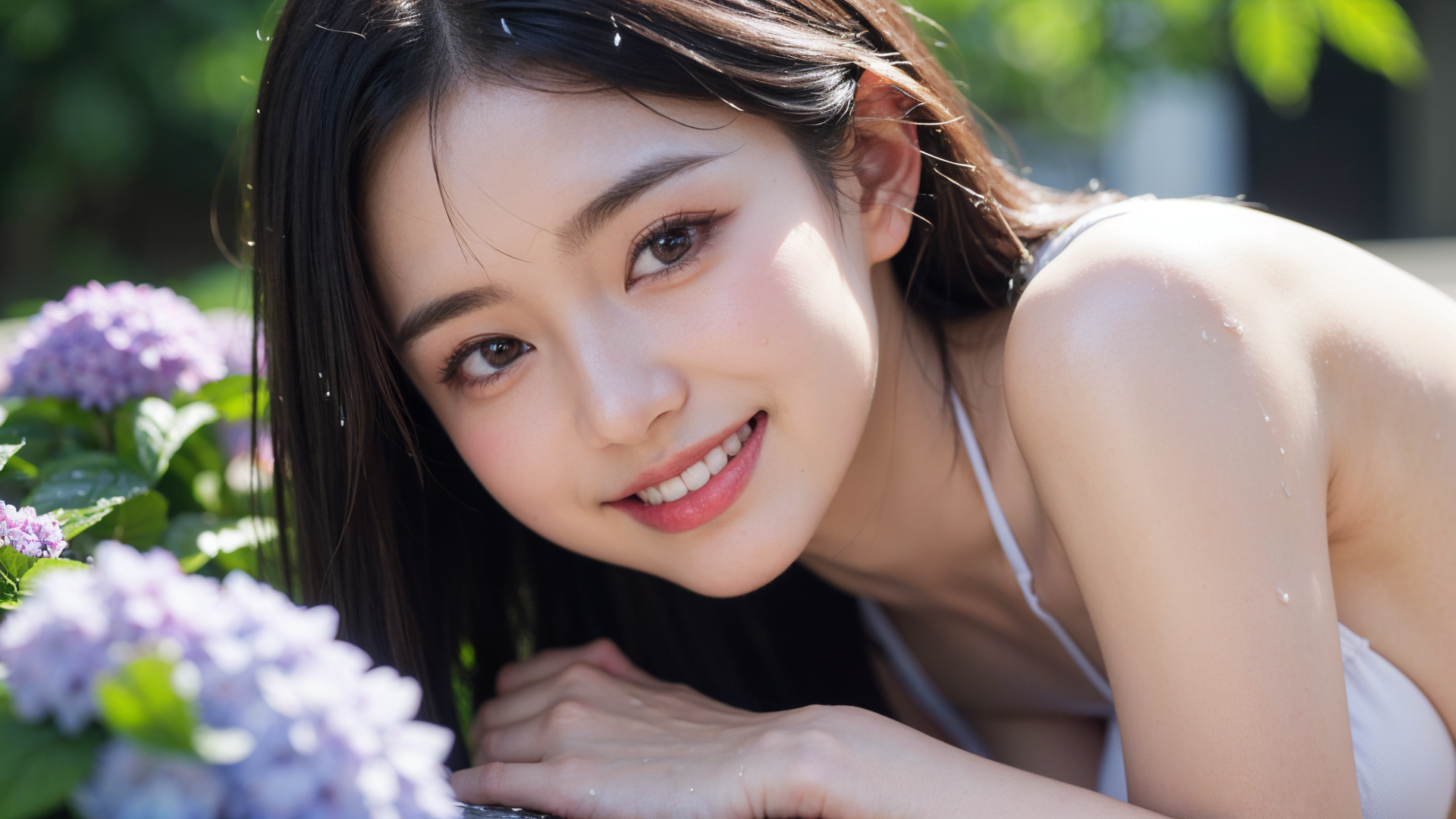 紫陽花に頬寄せる清楚な美少女の笑顔 #美少女 #清楚 #屋外